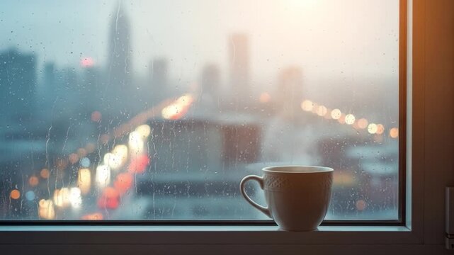 A mug sits on a windowsill as rain blurs a city skyline view
