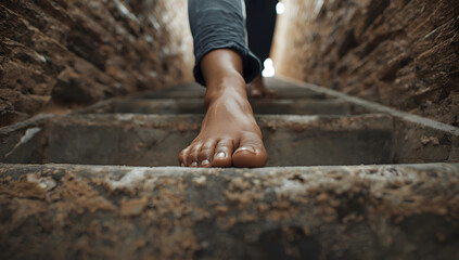 A person's bare foot ascends a weathered, concrete staircase, moving upwards into the light.