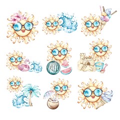 Bright and cheerful summer illustrations featuring sun characters enjoying beach activities with ice cream, palm trees, and playful waves for a perfect vacation vibe