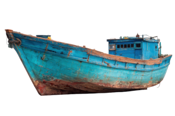 Weathered Blue Cargo Boat on Transparent Background