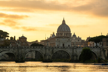 Beautiful Sunset Over St. Peters Basilica and River Tiber in Rome