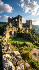 Ruined stone structures of an ancient castle, nestled amidst grassy hills, bathed in golden sunlight, revealing the historical legacy.