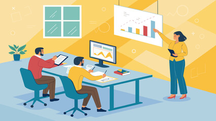 Professionals collaborate in a modern office, analyzing data and strategizing during a business presentation. Teamwork and growth concept for corporate use.