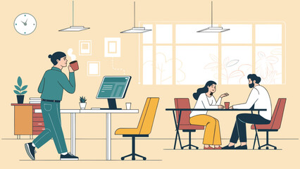 Professionals collaborating and engaging in casual discussion in a modern, dynamic office environment, reflecting productivity and connection.