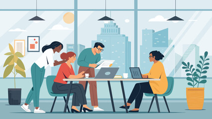 Diverse business team collaborating and discussing strategy in a modern office with city views, symbolizing teamwork, productivity, and innovation in a professional workplace.