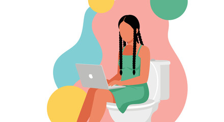 Young woman uses laptop while sitting on a toilet, depicting remote work, multitasking, or the challenges of finding privacy and focus.