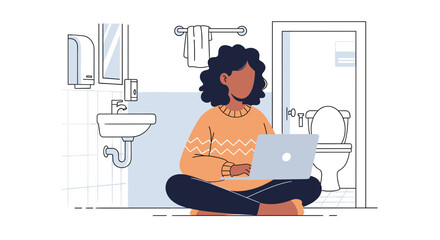 Woman focused on her laptop, working remotely from an unconventional spot in the bathroom. Ideal for themes of flexible work, digital nomad, or seeking quiet for productivity.