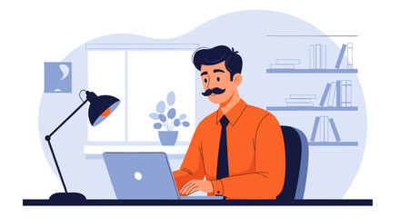 Professional man working diligently on a laptop at his desk in a modern office or home office, suitable for business, education, and lifestyle themes.