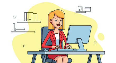 Professional woman in a business suit working diligently at her computer in an office setting. Ideal for themes of productivity, career, and modern business.