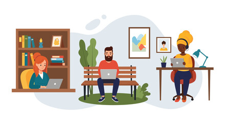 Diverse individuals working remotely from various locations like home, park, and office, showcasing modern flexible work and digital connectivity for business and lifestyle.