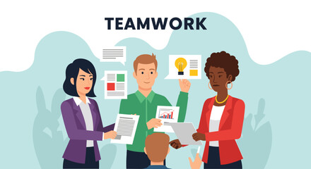 Diverse business people collaborate, discussing ideas and data to achieve success. Represents teamwork, communication, and innovation in a corporate setting.