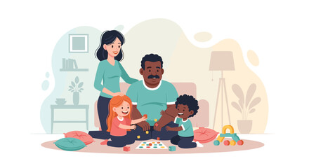 Happy diverse family playing games and building blocks on the living room floor. Depicts joy, bonding, and quality time at home. Great for family, lifestyle, and childhood themes.