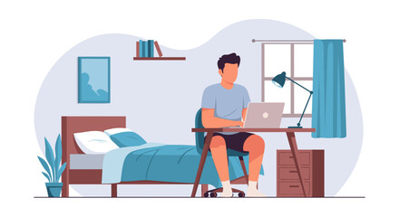Man working casually on a laptop at a desk in his comfortable bedroom, illustrating remote work, online learning, or home-based productivity and lifestyle.
