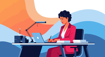 Focused professional woman in a modern office, diligently working at her desk, writing notes while using a laptop. Ideal for business and productivity concepts.