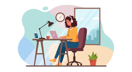 Young woman with headphones working remotely on her laptop at a home office desk, focused on online tasks. Ideal for business, education, and lifestyle concepts.