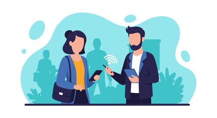 Two people wirelessly connecting and sharing information using smartphones and a tablet. Represents modern digital communication, networking, and data exchange concepts.