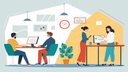 Busy office environment with professionals collaborating and working on computers. Ideal for business concepts, teamwork, productivity, and modern workplace themes.