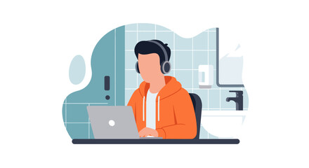 Young person wearing headphones works on a laptop in a casual home setting, reflecting remote work, online learning, or digital lifestyle.