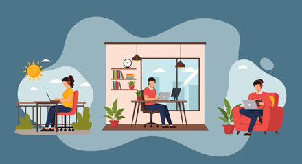 People working remotely from diverse settings: a sunny balcony, a modern home office, and a cozy armchair. Represents flexible work and modern lifestyle.