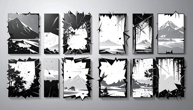 A collection of nine monochrome landscape designs, each framed by shattered, textured borders, evokes a sense of distressed beauty.