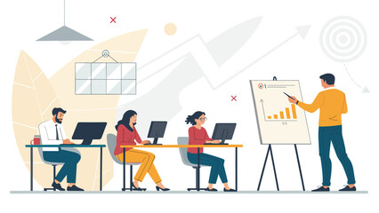 Business professionals in a modern office attend a presentation on growth data, while colleagues work on computers, illustrating teamwork and professional development.