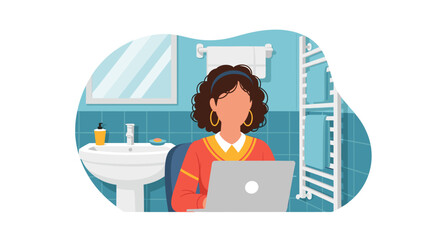 Woman working on laptop in a vibrant bathroom, illustrating flexible remote work and modern lifestyle. Ideal for productivity and unusual workspaces.