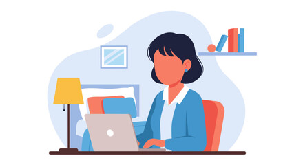 Focused woman working remotely on her laptop in a comfortable home office setting. Illustrates modern work flexibility, productivity, and digital lifestyle.