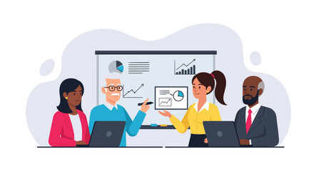 Diverse business team collaborating in a meeting, analyzing data and charts on a whiteboard. Professional setting for strategy and growth.