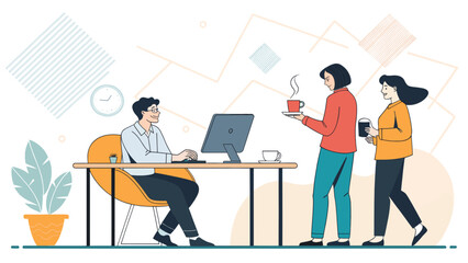 Happy colleagues collaborating and enjoying a coffee break in a modern office environment, fostering positive teamwork and productivity.