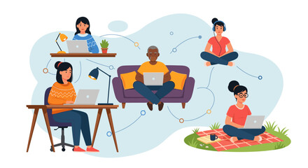 Modern remote work and collaborative network. People of diverse ages and settings actively working on laptops, highlighting flexible employment and digital communication.