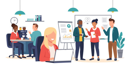 Diverse business team collaborating and working productively in a modern office environment, fostering innovation and teamwork. Ideal for business, corporate, and career concepts.