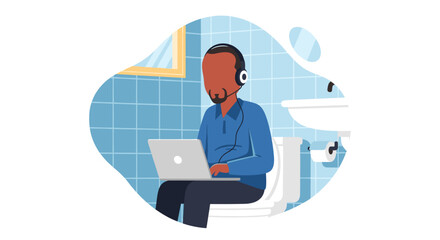 Man works remotely from his bathroom toilet with a headset and laptop, highlighting the flexibility, challenges, and humor of modern telecommuting.