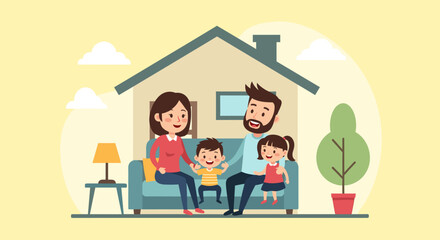 Happy family with two children relaxing on a sofa in their cozy home, depicting domestic life, security, and togetherness. Ideal for real estate or family concepts.