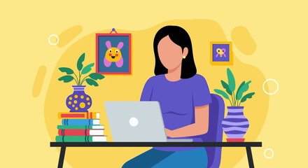 Woman working remotely on a laptop at a colorful home office desk, surrounded by plants and books. Modern work-from-home concept.