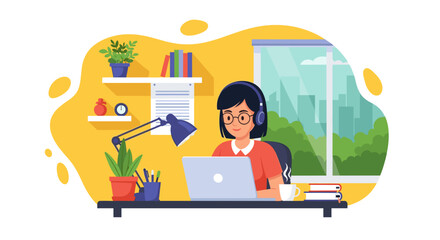 Young woman focused on her laptop, working remotely from a cozy home office setup with headphones, representing modern productivity and flexible lifestyle.