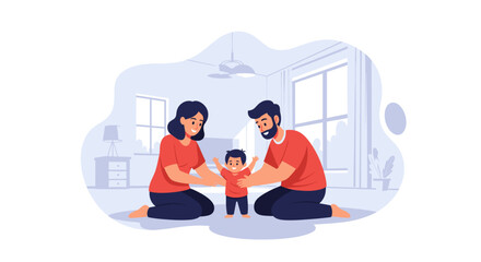 A happy family with a baby learning to walk, supported by loving parents at home. Illustrates parental care, childhood development, and domestic joy.