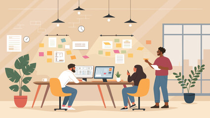 Diverse team collaborates in a modern office, engaged in project management and creative brainstorming. Ideal for business, teamwork, and productivity concepts.