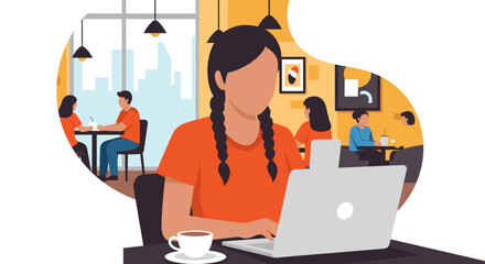 Young woman with braids focused on her laptop in a bustling cafe, enjoying a coffee. Ideal for remote work, freelance, or student lifestyle.