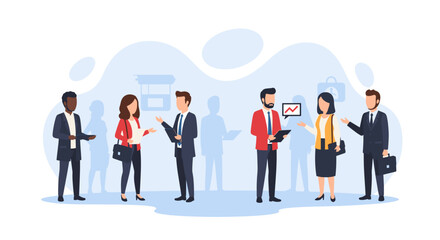 Diverse business professionals collaborate and discuss strategy, ideal for corporate communication, teamwork, and financial concepts.