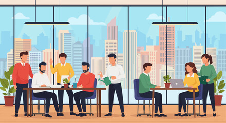 Diverse business team collaborating in a modern office with a city view. Represents teamwork, innovation, and professional growth.