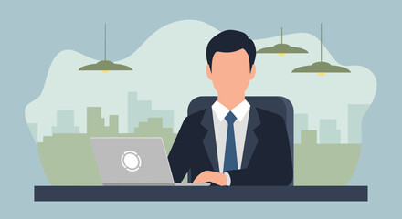 Professional businessman in a suit working on a laptop at his desk. Represents productivity, modern work, and corporate success against a city backdrop.