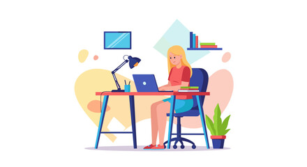 Focused young woman working on her laptop from a modern home office setup with a desk lamp, books, and plant. Perfect for remote work, online learning, or productivity concepts.