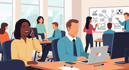 Diverse professionals collaborate and communicate in a vibrant, modern office environment, highlighting teamwork, productivity, and business innovation.