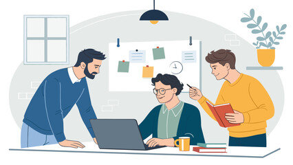 Three male colleagues collaborate in a modern office, using a laptop, whiteboard, and books for teamwork and project planning.