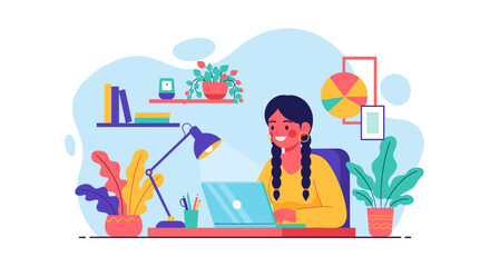Smiling woman with braids working on a laptop at a colorful home office desk, surrounded by plants and books. Represents remote work, education, and lifestyle.