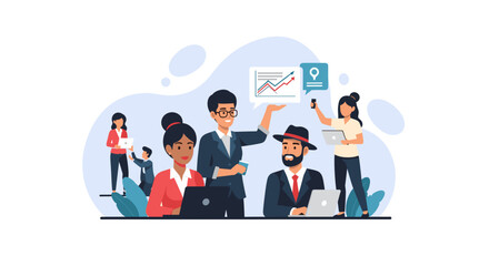 Diverse business team collaborating and analyzing data with technology, showing teamwork and professional success in a modern workplace.