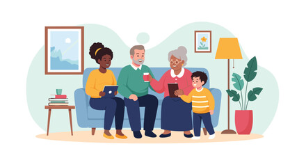 A diverse, multi-generational family happily enjoys quality time together at home, featuring grandparents, an adult, and a child. Ideal for family, lifestyle, and home concepts.