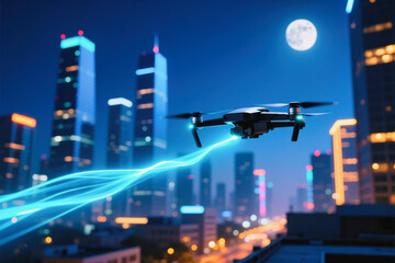 A drone with glowing blue lights flies over a cityscape at night, capturing the illuminated skyscrapers and a full moon in the background.
