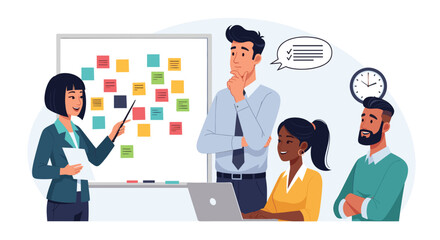 Business professionals collaborating in a meeting. A woman presents ideas on a whiteboard with sticky notes, fostering teamwork and strategic planning in a corporate environment.