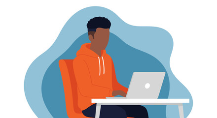 A young man focused on his laptop, ideal for concepts like remote work, online learning, productivity, or casual digital lifestyle.